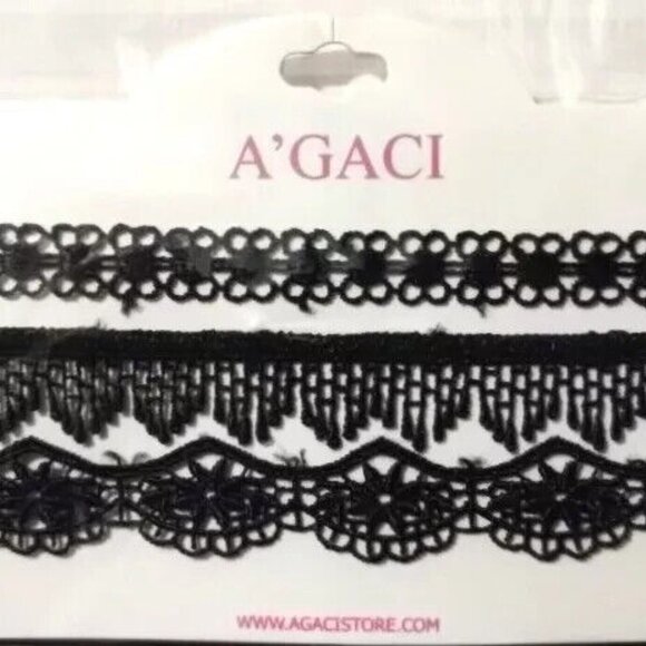 A’GACI Adjustable Length Black Lace Chokers w/Gold Tone Clasp 3 Piece Set - Picture 1 of 5